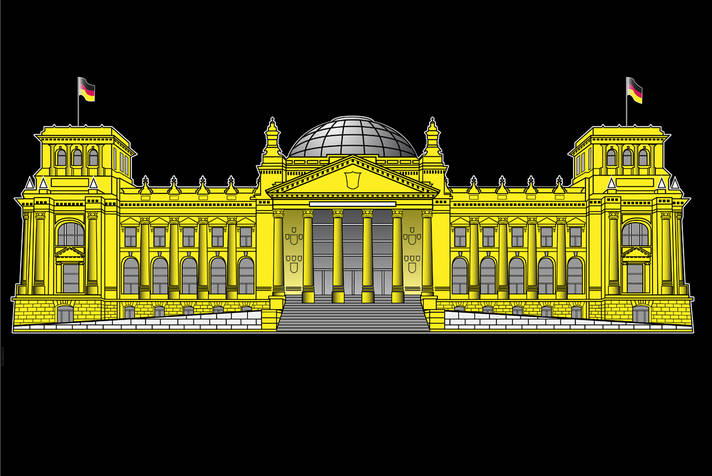Stilisierte Grafik. Das Reichstagsgebäude: Vorderfront. Für Details anklicken