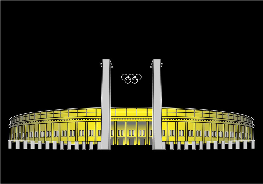 Stilisierte Grafik. Olympiastadion: Vorderansicht und Haupteingang.