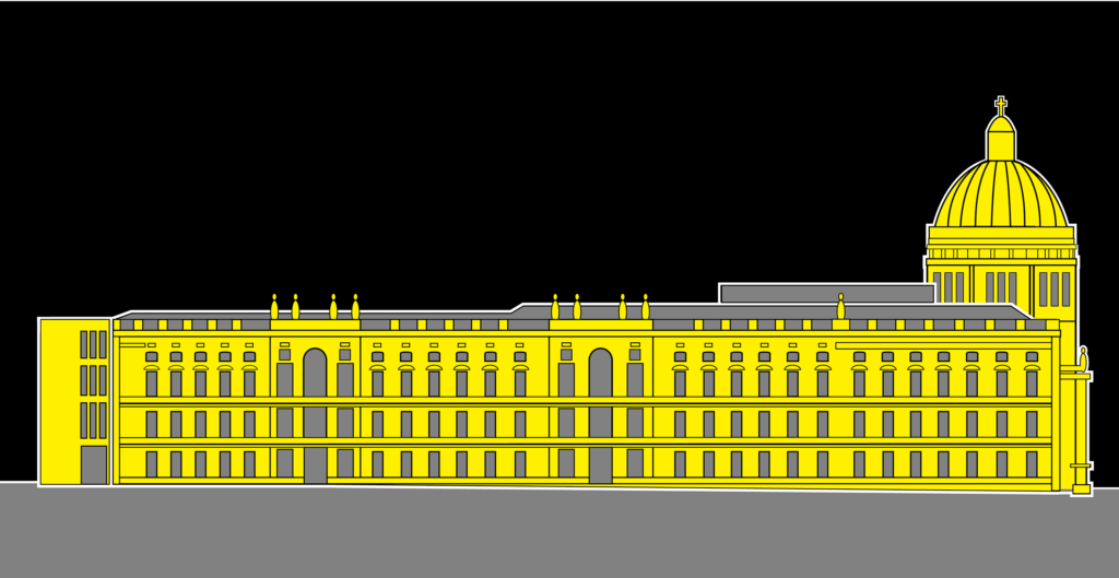 Stilisierte Grafik. Frontalansicht des Nordflügels des Humboldt Forums