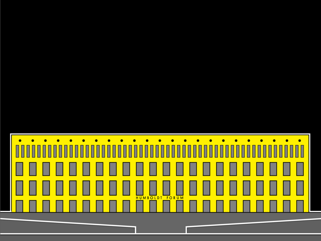 Stilisierte Grafik. Modern gestaltete Ostseite des Humboldt Forums mit dem Portal Vl