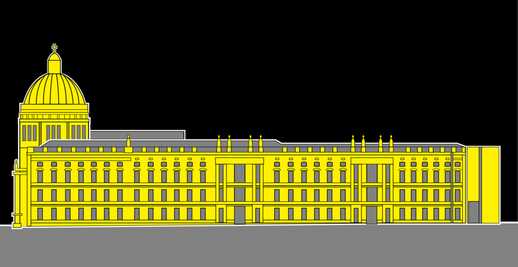 Stilisierte Grafik. Frontalansicht des Südflügels des Humboldt Forums